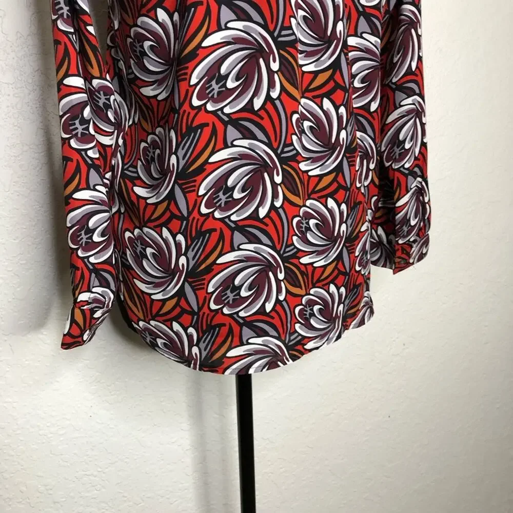 LOFT orange maroon white floral long sleeve top size Extra Small Petite XSP